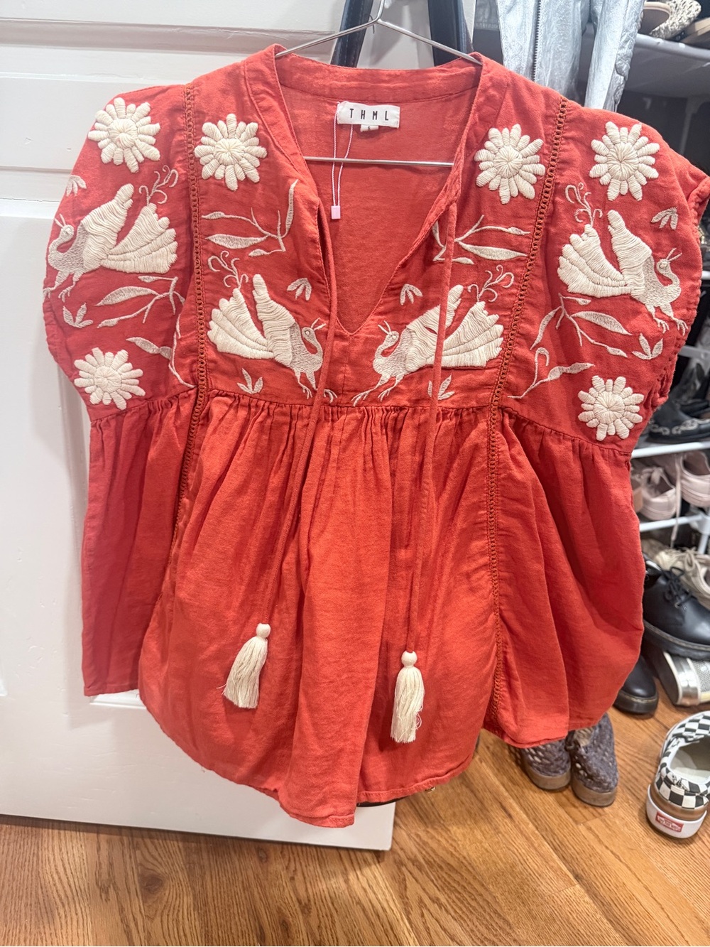 THML Coral Embroidered Peasant Blouse with Tassel Ties Small NWOT - Picture 3 of 6